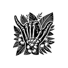Skeletal Hand Shaka Sign with Tropical Leaves and Hibiscus Flower Illustration.