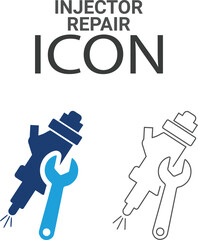 Injector repair Line art icons, such as turbocharger diagnostics, fuel injector, turbine, spark plug, and more. Vector illustration. Easily changes to any color.