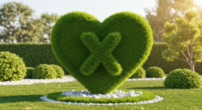 A perfectly manicured green heart shaped topiary with an x design isolated on white background
