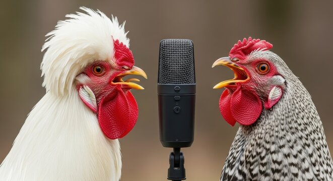 Two chickens singing into microphone