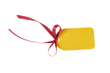 blank golden gift tag with red ribbon isolated on white or transparent png
