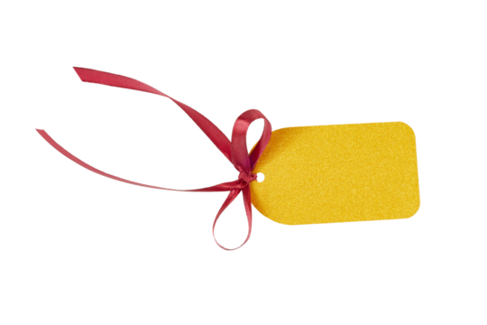 blank golden gift tag with red ribbon isolated on white or transparent png