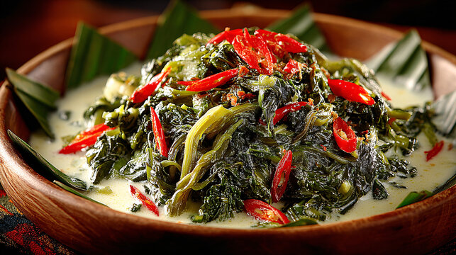  Laing dish of taro leaves cooked in coconut milk with chili
