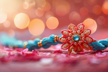 colorful rakhi woven with pearls on light blue background