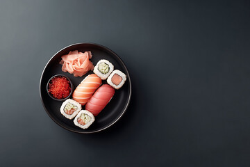 Elegant sushi assortment on a dark plate, set against a moody background. Represents culinary artistry, healthy eating, and upscale dining.