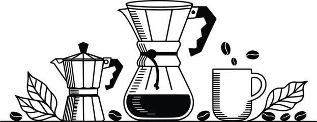 Coffee Brewing Equipment and Beans Illustration, Black and White Vector Line Art.

