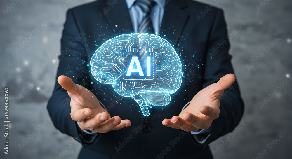 Poster man in suit holding a glowing ai brain in his hands showing artificial intelligence concept image