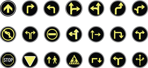 Road Signs and Traffic Symbols Collection: Arrows, Turns, Stop, Pedestrian & More Comprehensive Vector Icon Set