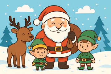 Joyful Cartoon Santa with Elves and Reindeer in Snowy Winter Scene