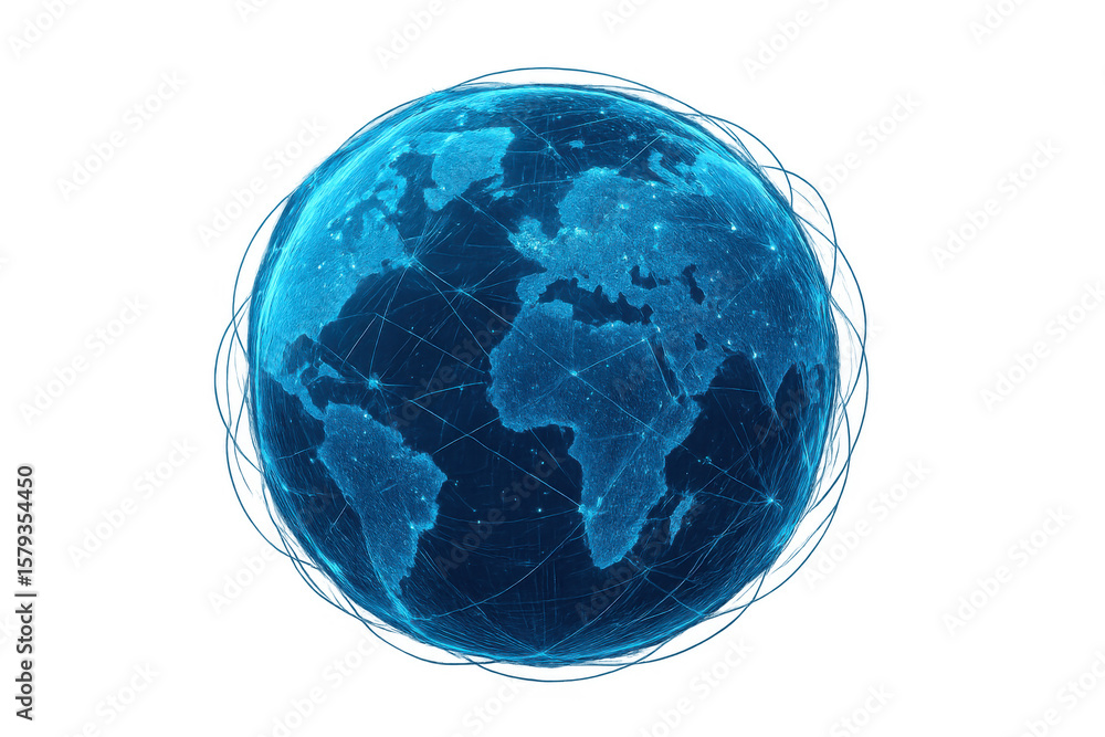 Poster rotating planet earth with futuristic network connections over transparent background, ideal for glo