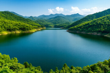 renewable energy with hydropower and infrastructure. Multi-level hydropower dams creating scenic reservoirs, emphasizing renewable energy and water management