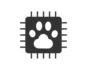 Modern icon of a paw print inside a microchip. Symbolizes pet technology, digital pet care, AI for animals, or advanced vet solutions. Use for apps, websites, or marketing