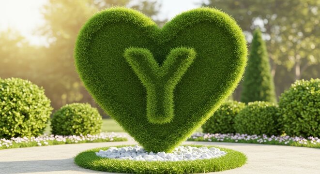 Green heart shaped topiary with letter y carved into it isolated on white background