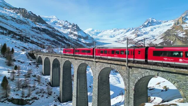 Red train crossing a stone bridge in a snowy mountain landscape on a clear and sunny winter day