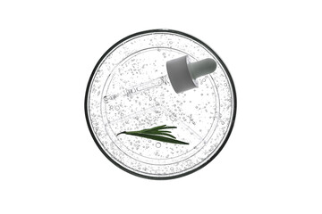 A pipette with cosmetic serum and rosemary on a white background.