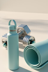 Fitness essentials including a water bottle, dumbbells, and a yoga mat for exercise routines. 3d rendering