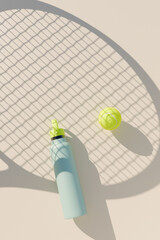 Tennis racket, ball, and water bottle casting shadows on a light surface. 3d rendering