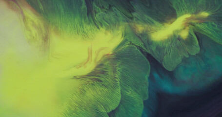 Ink splatter. Drip texture. Defocused yellow blue color water splash chemical flow stains spreading...