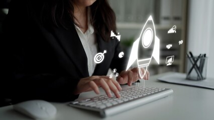 Startup launch and business growth concept, rocket symbolism, entrepreneurship, startup innovation,...