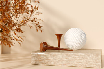 Golf ball and tees displayed on a marble block with fall foliage in neutral tones. 3D rendering