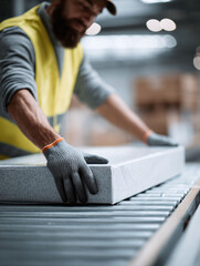 Obraz premium Focused shot of worker with safety gear, placing box on conveyor. Represents industry, production, logistics, shipping. Ideal for supply chain concepts.