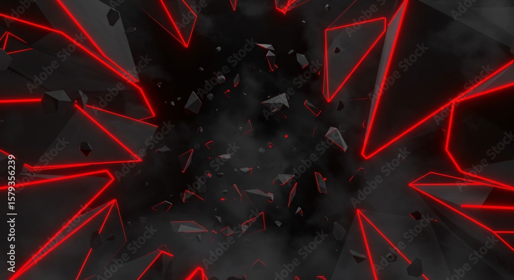 Poster abstract dark background with geometric shapes and red glowing lines scattered in the scene