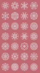 Intricate circular geometric patterns on a dusty rose background for design projects