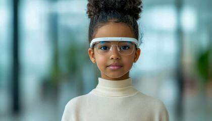 personalized education technology adaptive. A young girl using wearable tech that tracks engagement to provide tailored learning paths, modern education tools, adaptive technology