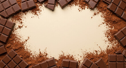 Broken chocolate bars with cocoa powder framing beige background for World Chocolate Day