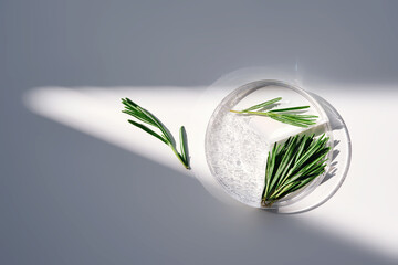 A three-section petri dish containing whey and rosemary sprigs.