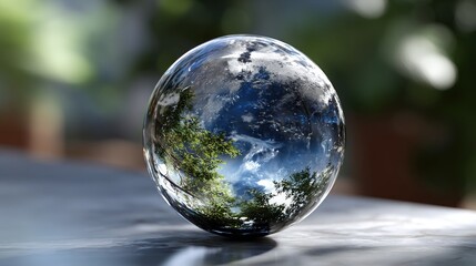 Reflection of the earth on a glass sphere.