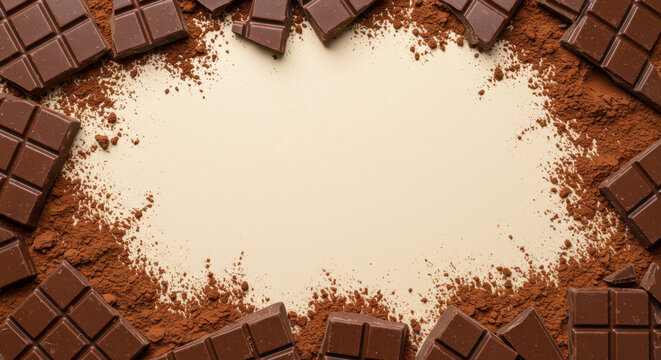 Broken chocolate bars with cocoa powder framing beige background for World Chocolate Day - Powered by Adobe