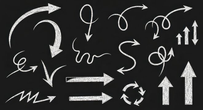 Set of sketched arrows in different shapes and directions isolated PNG with Transparent Background