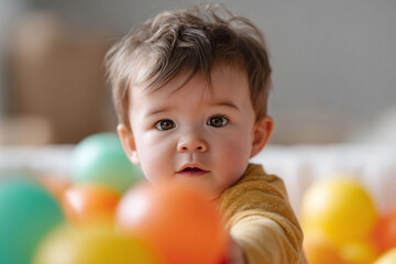 Obraz premium Inquisitive baby immersed in a colorful ball pit, reaching out with playful curiosity. Perfect for illustrating childhood, learning, innocence, and joy.