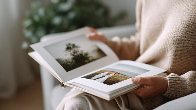 Woman reviewing a photo album, reliving memories. The image conveys nostalgia, remembrance, and the joy of looking back. Perfect for memory care, family, or lifestyle concepts.