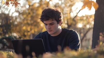 Young Man Focused on Laptop in Autumn Park Setting