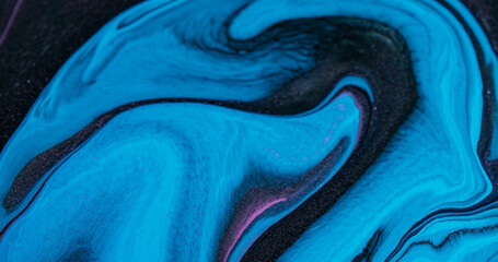 Paint spill. Acrylic texture. Defocused blue purple color flowing chemical ripple liquid floating...