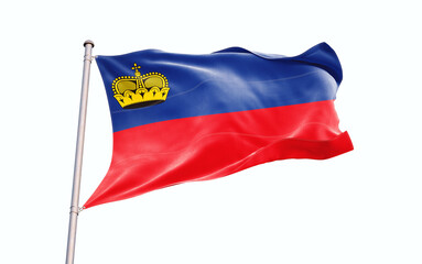 Liechtenstein national flag waving isolated on white background with clipping path.