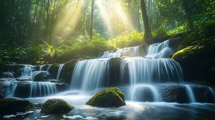 Sunlight streams through lush forest illuminating cascading waterfall over mossy rocks