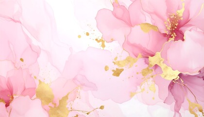 Abstract floral design in soft pinks and golds.  Delicate, flowing shapes resemble blossoms, with  drips and splashes of gold leaf
