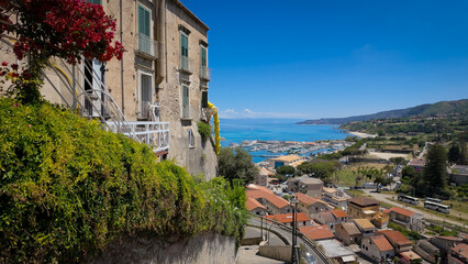 Panoramic view of Tropea, with its port, the Tyrrhenian Sea and the Calabrian hills, seen from a...