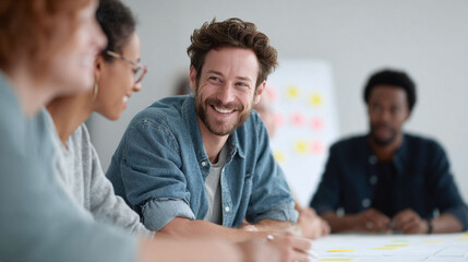 Smiling man in a meeting with diverse colleagues. Collaborative, brainstorming atmosphere. Illustrates teamwork, strategy, innovation, and a positive work environment.