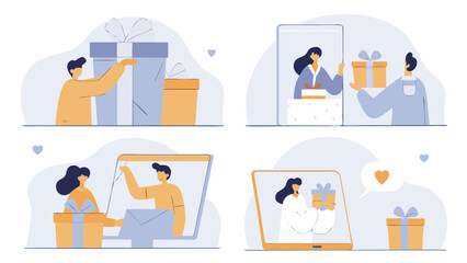 People giving and receiving gifts through digital devices gifting presents