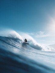 Epic surfing shot. A lone surfer rides a massive, breaking wave under a clear blue sky. Symbolizes challenge, adventure, and skill. Great for travel or sports concepts.