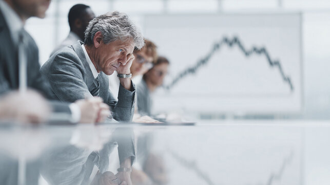 Concerned executive at meeting, looking at a chart showing decline. Represents financial downturn, business challenges, or market instability.