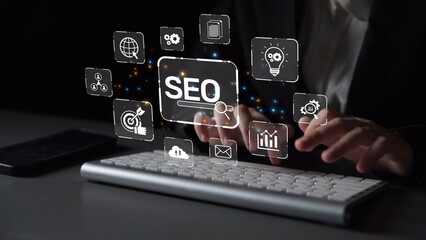 SEO concept for improving SEO visibility, with SEO related digital tools and SEO performance icons...