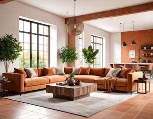 Modern living room with terracotta tones