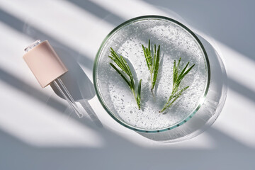 Dropper and rosemary serum in a petri dish.