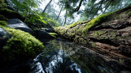 Fototapeta premium Moss-covered log in a forest stream.