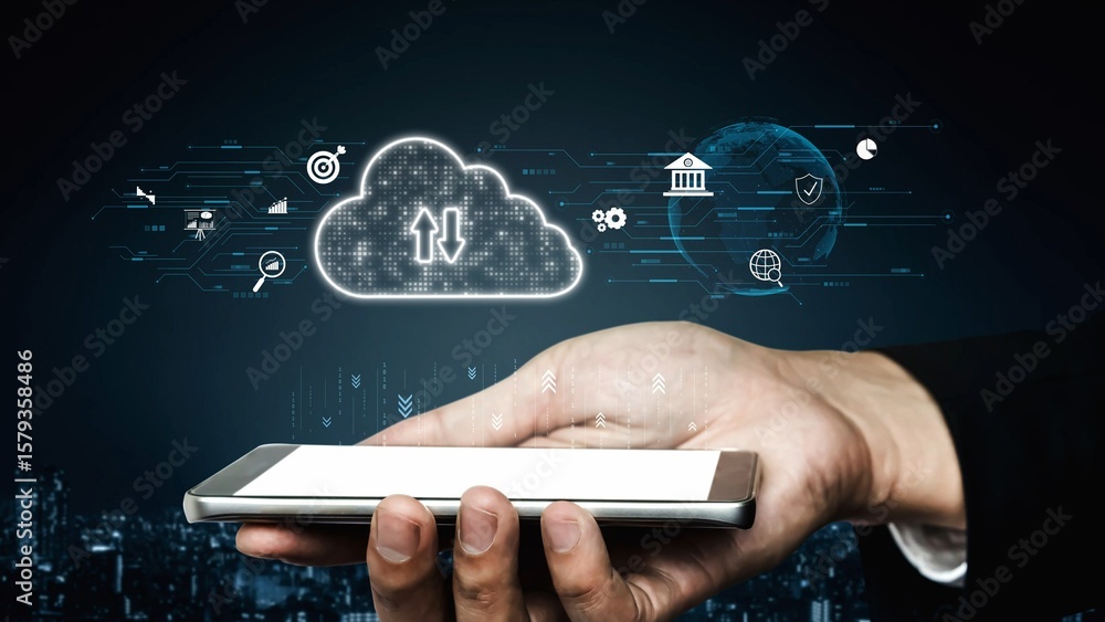 Poster cloud computing, cloud strategy, and cloud technology transforming digital infrastructure with scala